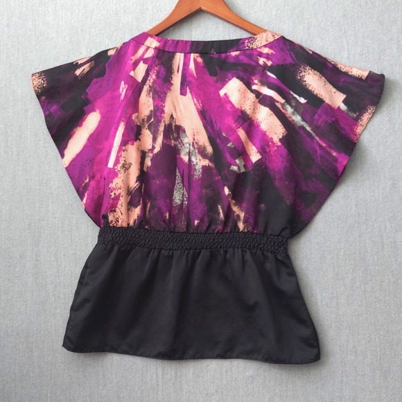 Rampage Satin Faux Wrap Top S Purple Black Boho Y2K Flutter Sleeve Smocked Waist - Picture 8 of 16